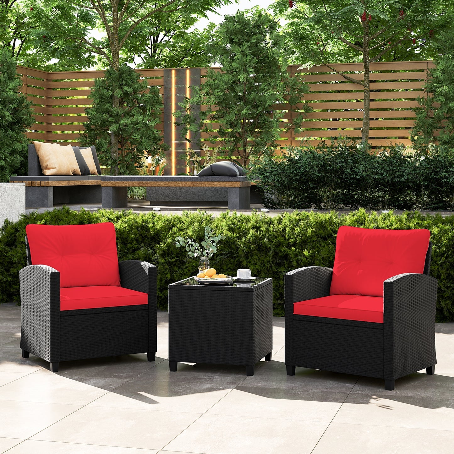 3 Pieces Patio Furniture Set with Tempered Glass Coffee Table, Red Patio Conversation Sets   at Gallery Canada