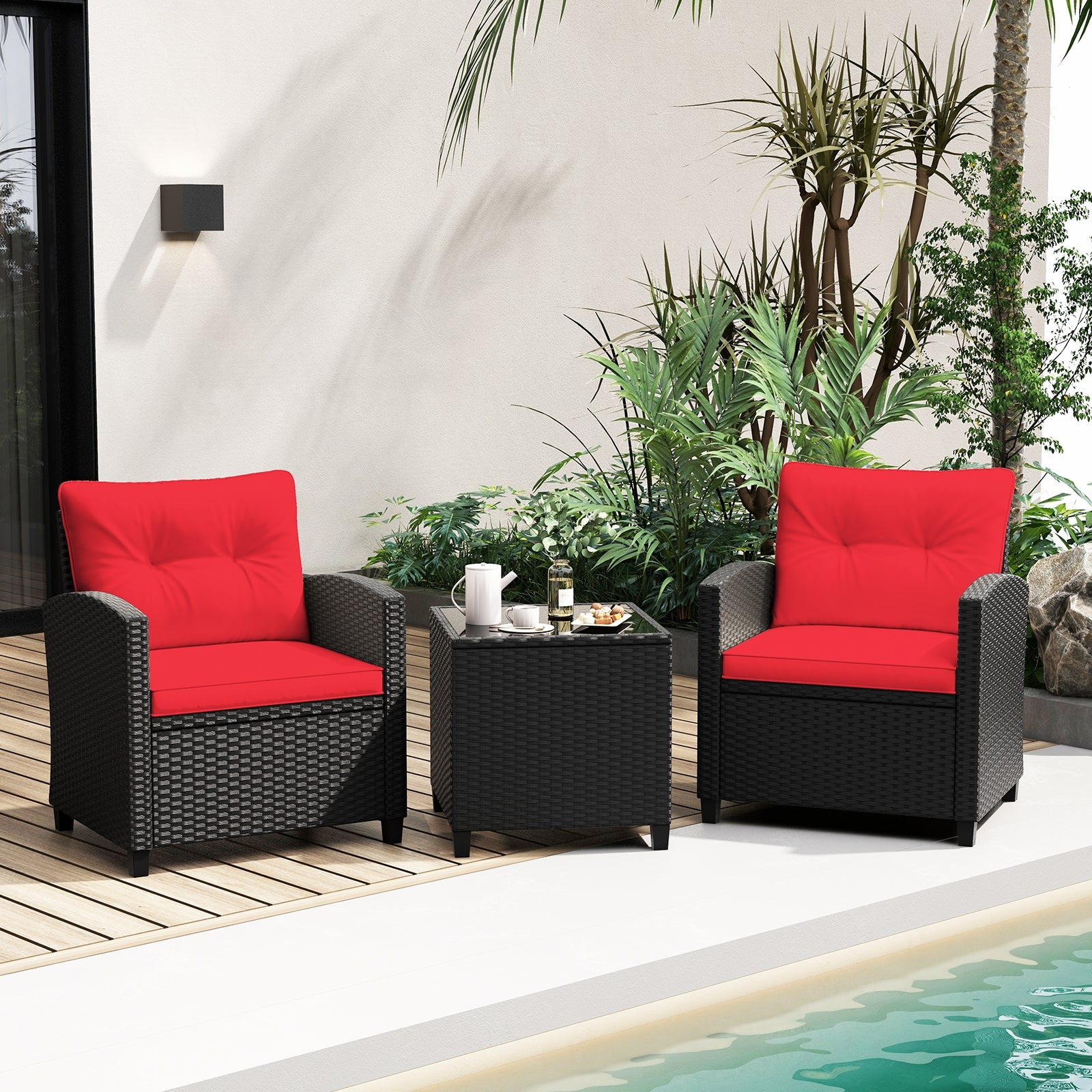 3 Pieces Patio Furniture Set with Tempered Glass Coffee Table, Red Patio Conversation Sets   at Gallery Canada