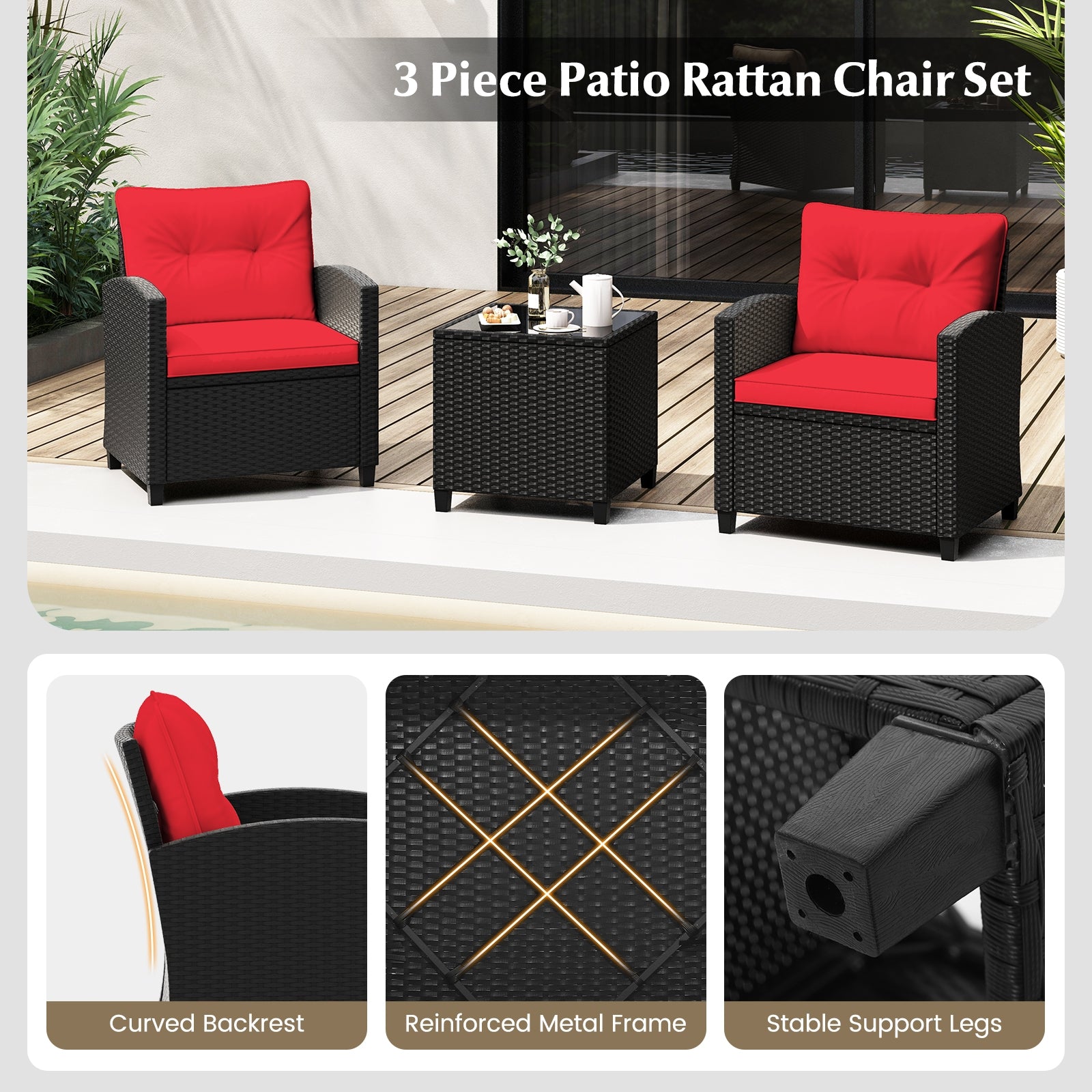 3 Pieces Patio Furniture Set with Tempered Glass Coffee Table, Red Patio Conversation Sets   at Gallery Canada