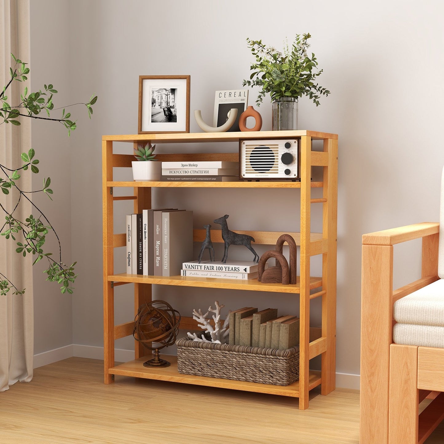 4-Tier Bookshelf Rubber Wood Bookcase with Side Fences for Living Room-29.5 inches, Natural Bookcases   at Gallery Canada