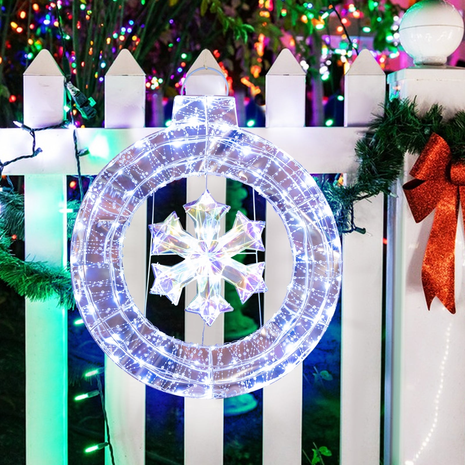 33 Inch Lighted Snowflake Wreath with Hanging Ring and Support Bracket Christmas   at Gallery Canada