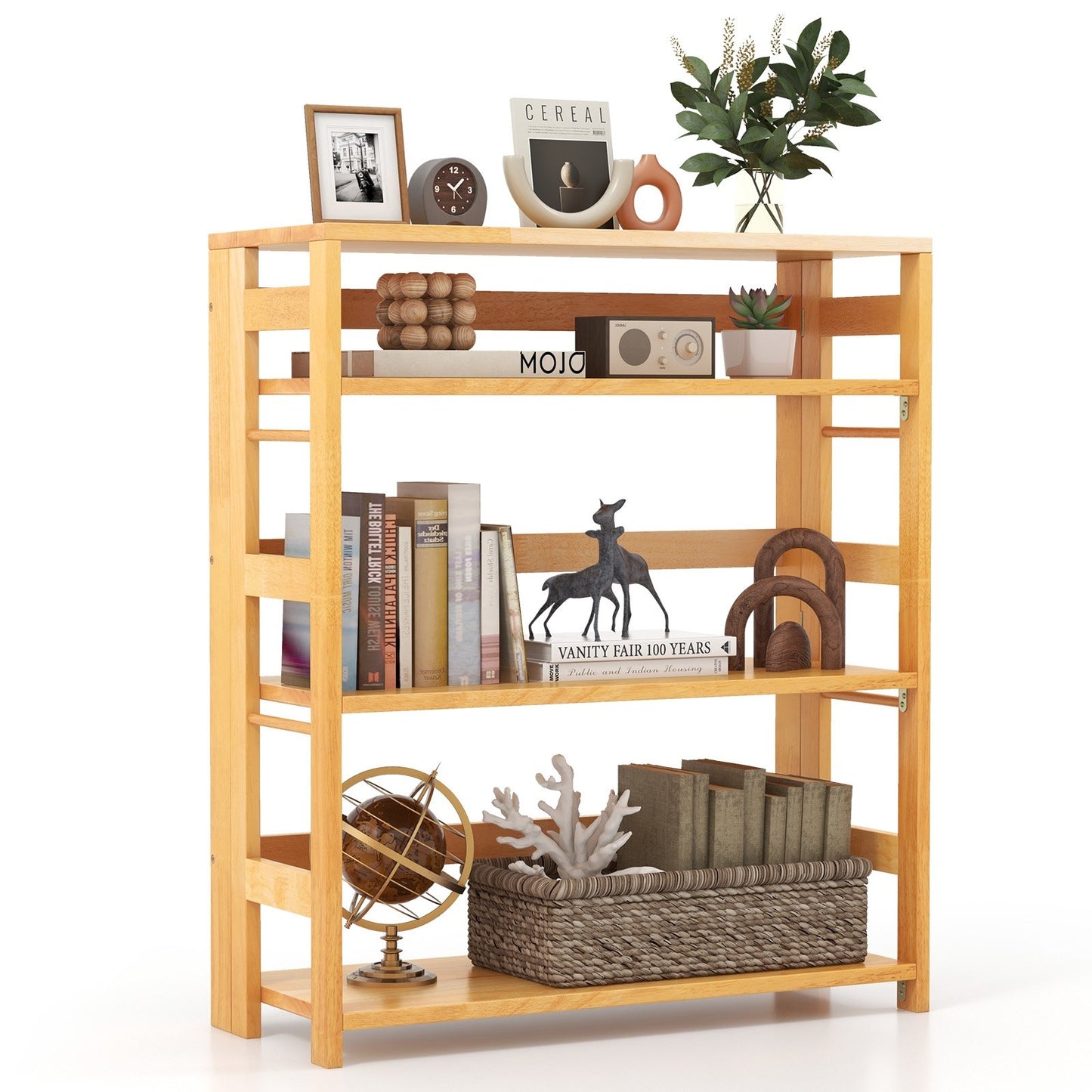 4-Tier Bookshelf Rubber Wood Bookcase with Side Fences for Living Room-29.5 inches, Natural Bookcases   at Gallery Canada