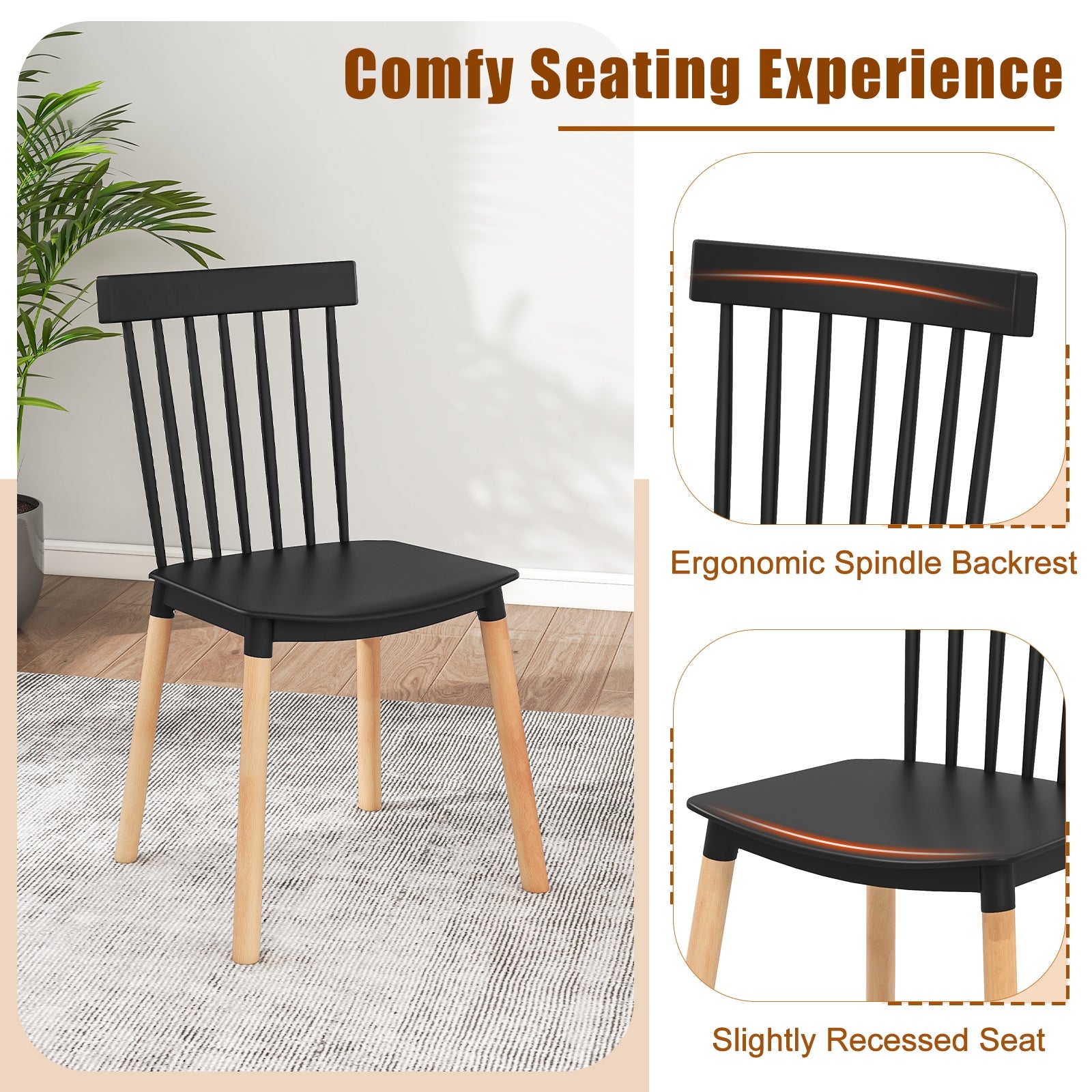 Set of 4 Windsor Dining Chairs with Spindle Backs and Curved Seats, Black Dining Chairs   at Gallery Canada