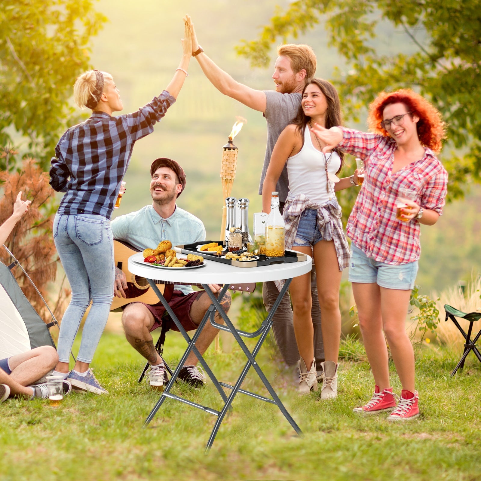 32 Inch Round Folding Table with Thick Tabletop for Picnic, White Picnic Tables   at Gallery Canada