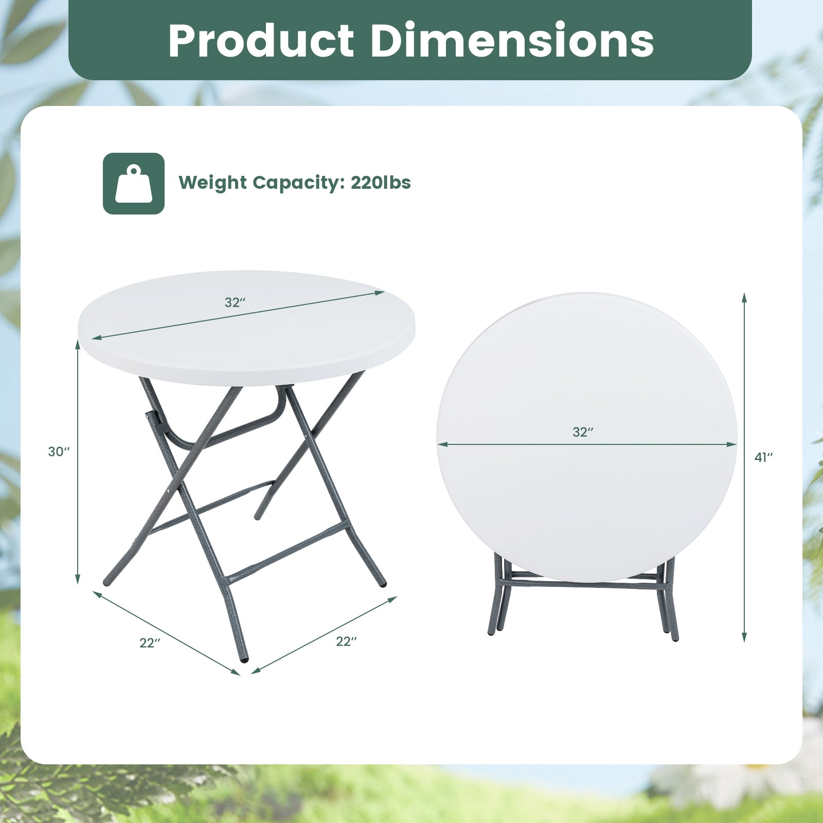 32 Inch Round Folding Table with Thick Tabletop for Picnic, White Picnic Tables   at Gallery Canada