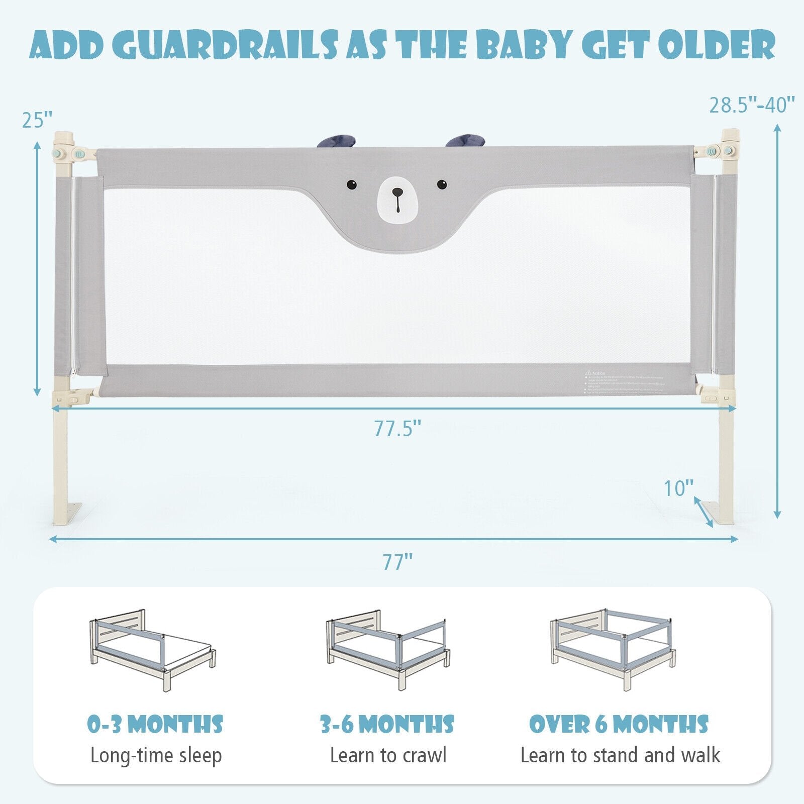 Vertical Lifting Baby Bedrail Guard with Double Safety Child Lock, Gray Bed Rails   at Gallery Canada