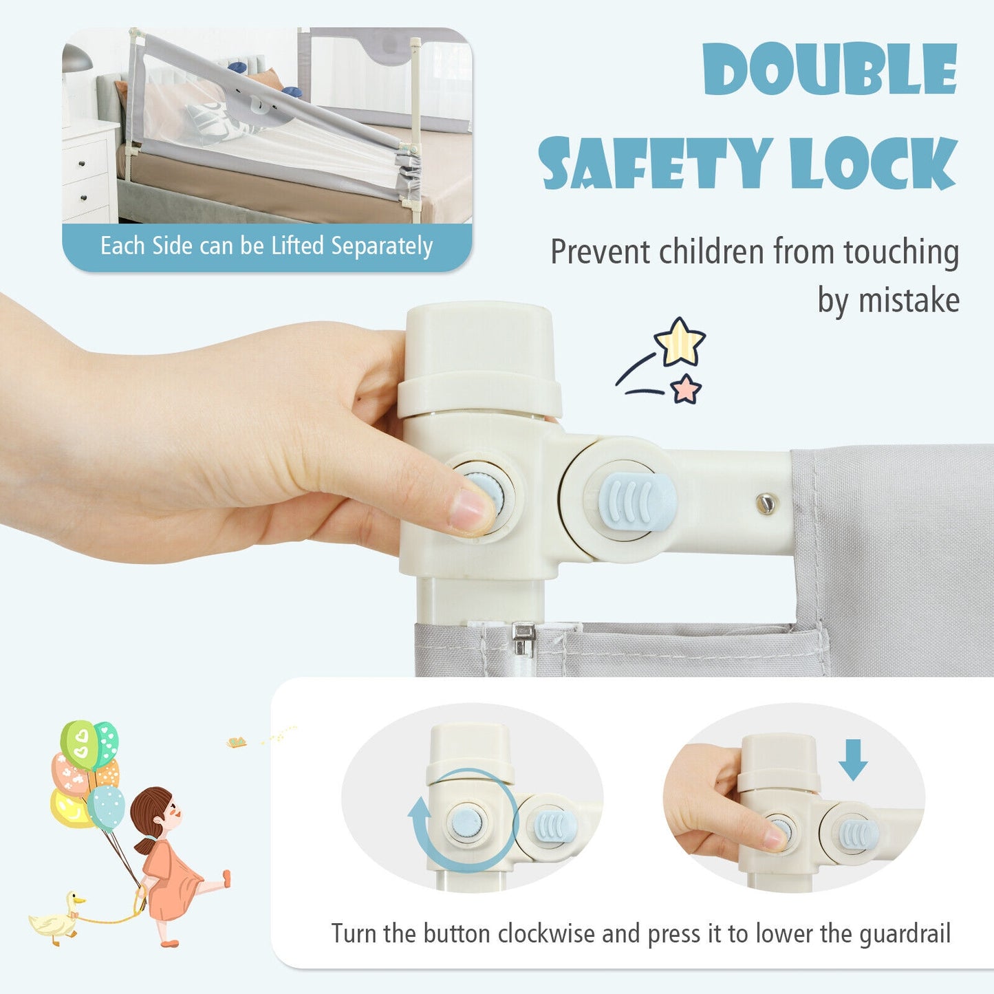 Vertical Lifting Baby Bedrail Guard with Double Safety Child Lock, Gray Bed Rails   at Gallery Canada