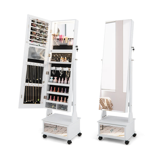 47 Inch Lockable Jewelry Cabinet Armoire with 3-Color LED Lights, White Jewelry Armoires White  at Gallery Canada