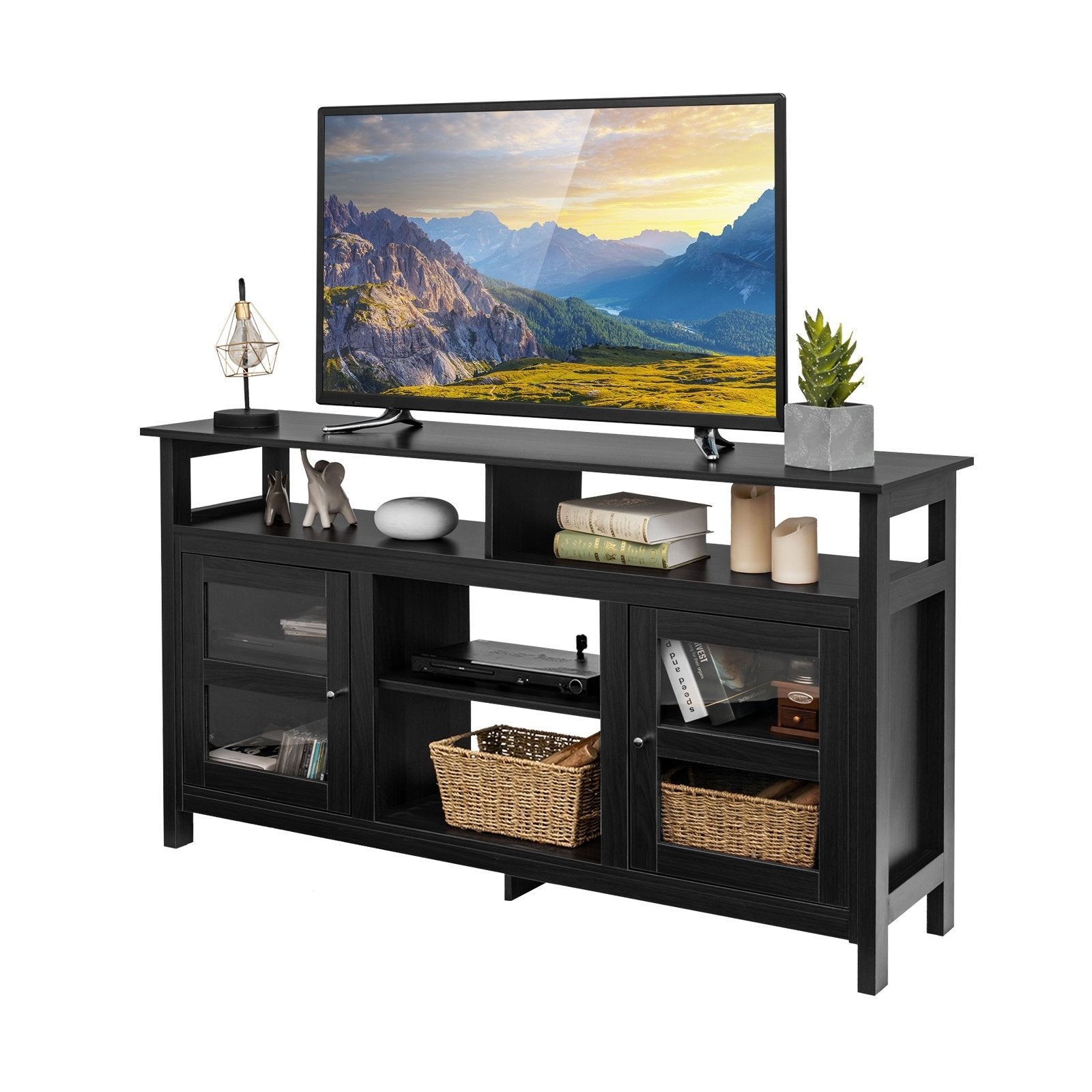 58 Inch TV Stand Entertainment Console Center with 2 Cabinets, Black Entertainment Centers & TV Stands   at Gallery Canada