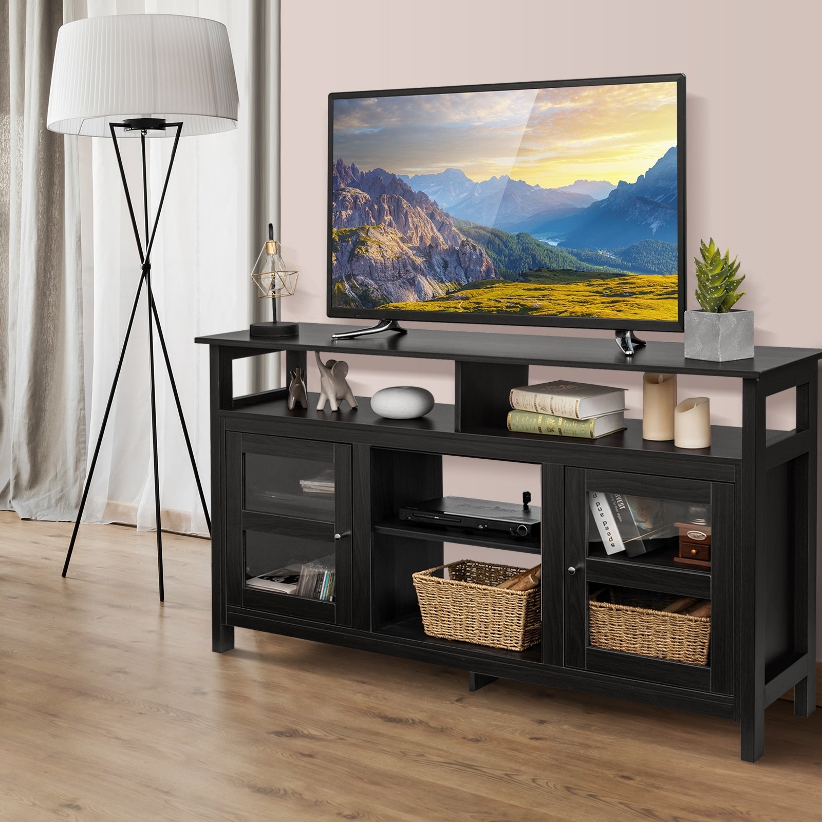 58 Inch TV Stand Entertainment Console Center with 2 Cabinets, Black Entertainment Centers & TV Stands   at Gallery Canada