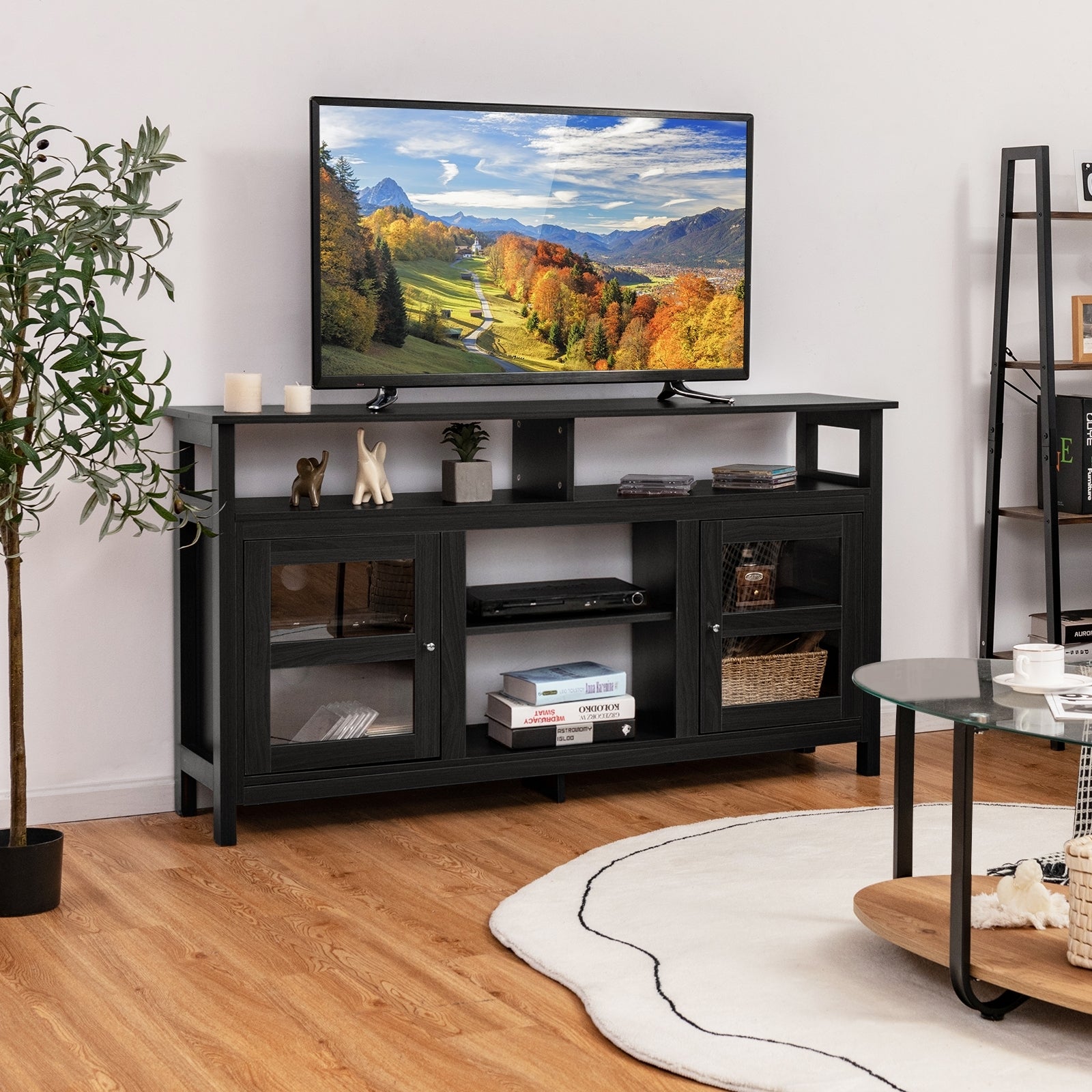 58 Inch TV Stand Entertainment Console Center with 2 Cabinets, Black Entertainment Centers & TV Stands   at Gallery Canada