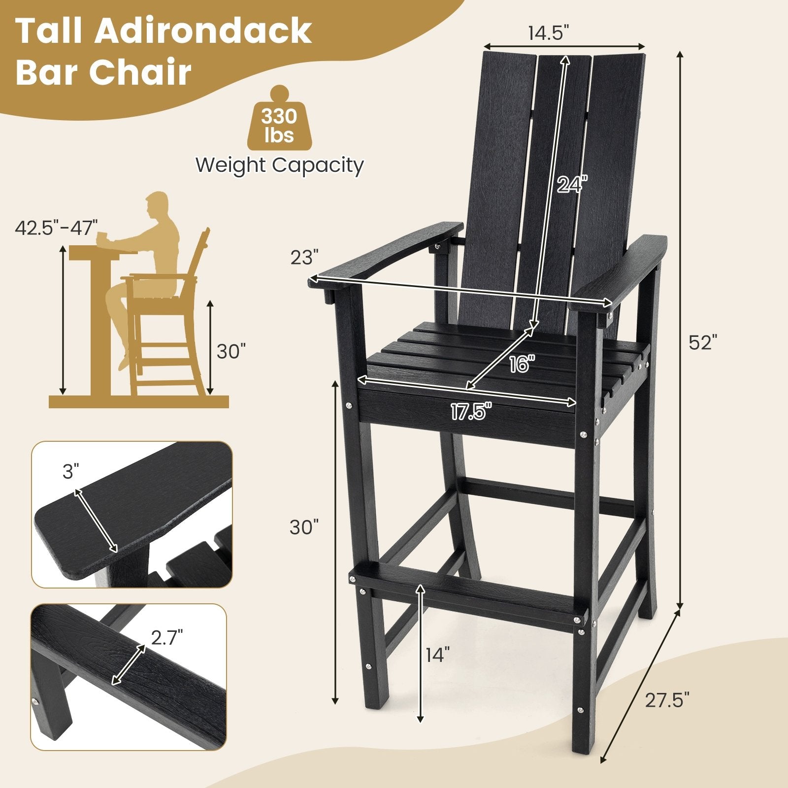 Tall Adirondack Chair Outdoor Bar Stool with Ergonomic Backrest for Backyard, Black Adirondack Chairs   at Gallery Canada