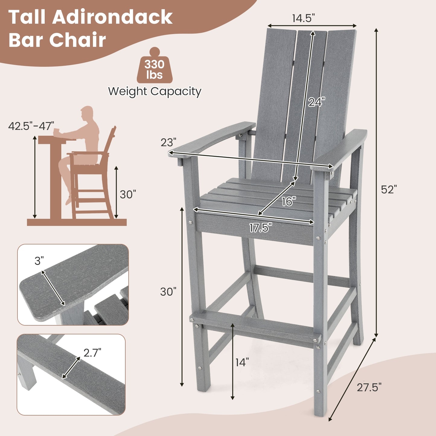 Tall Adirondack Chair Outdoor Bar Stool with Ergonomic Backrest for Backyard, Gray Adirondack Chairs   at Gallery Canada