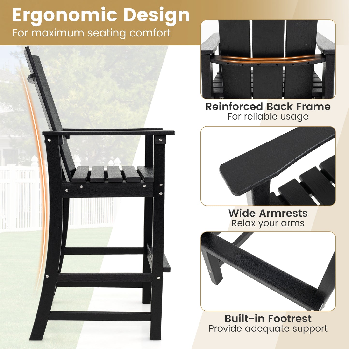 Tall Adirondack Chair Outdoor Bar Stool with Ergonomic Backrest for Backyard, Black Adirondack Chairs   at Gallery Canada