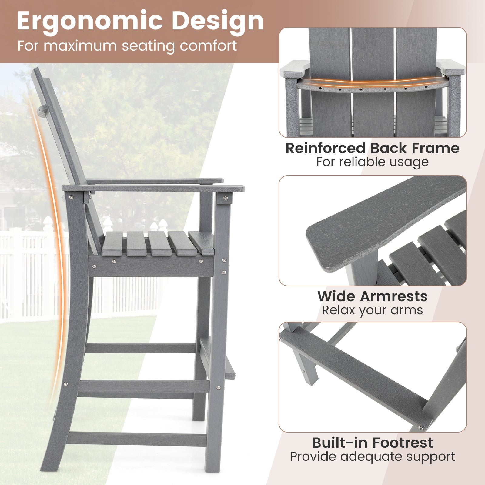 Tall Adirondack Chair Outdoor Bar Stool with Ergonomic Backrest for Backyard, Gray Adirondack Chairs   at Gallery Canada