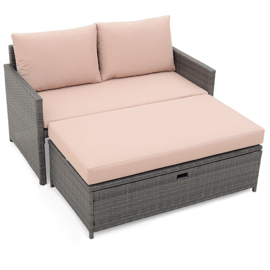 Outdoor Rattan Daybed Wicker Loveseat and 31 Gallon Storage Ottoman, Brown Outdoor Sectionals Brown  at Gallery Canada