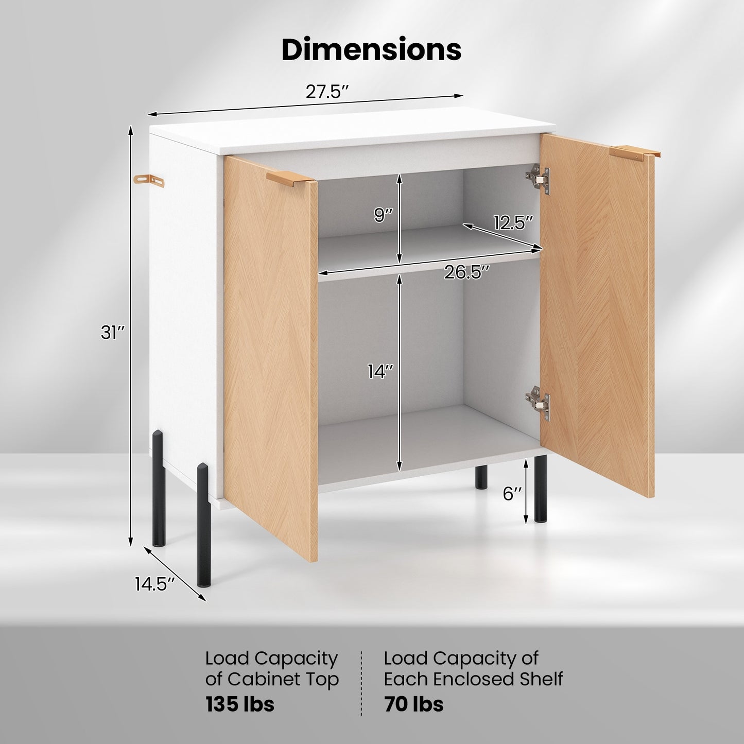 2-Door Buffet Cabinet Sideboard with Shelf and Metal Legs-White-Natural Wood, White-Natural Wood Sideboards Cabinets & Buffets   at Gallery Canada