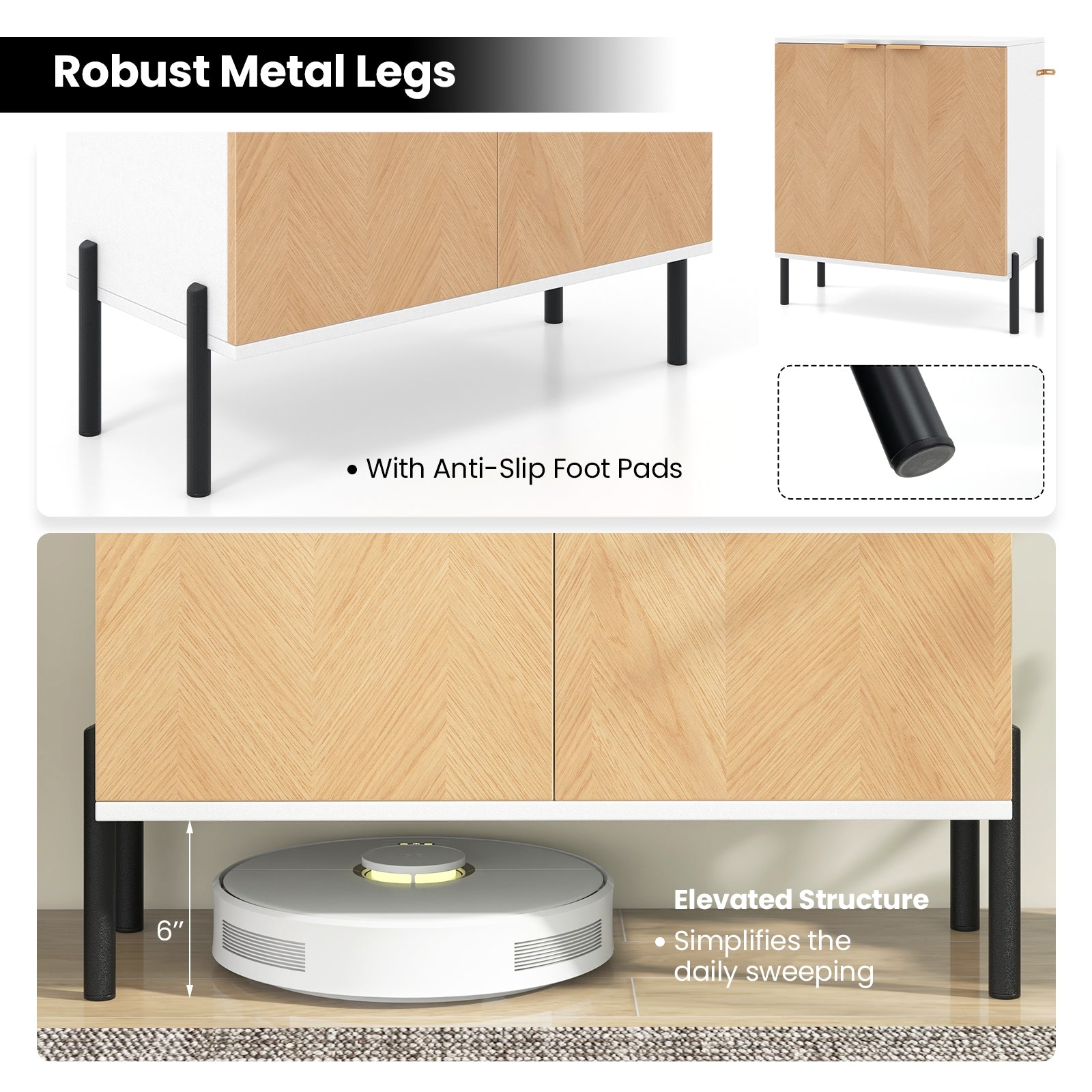 2-Door Buffet Cabinet Sideboard with Shelf and Metal Legs-White-Natural Wood, White-Natural Wood Sideboards Cabinets & Buffets   at Gallery Canada