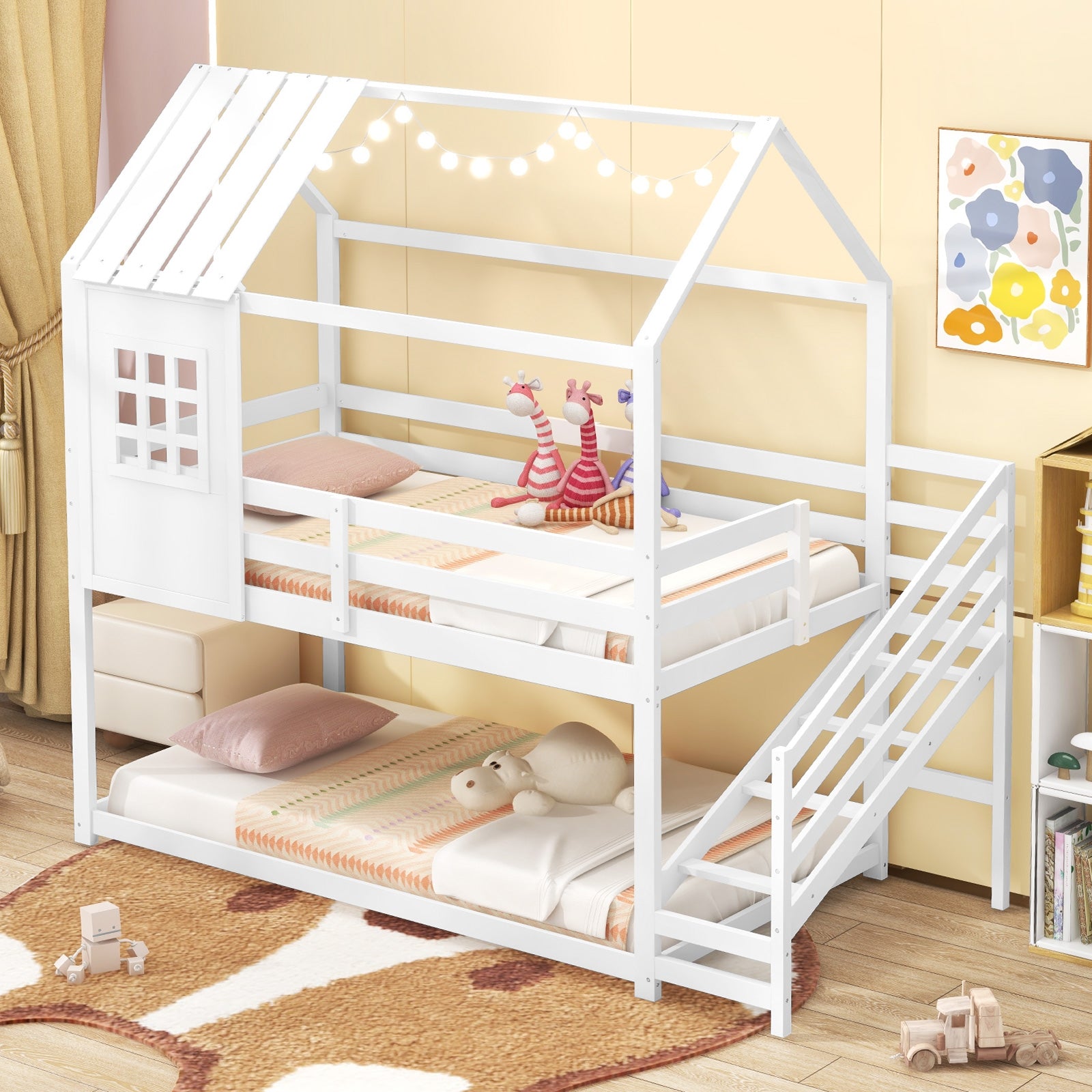 Twin House Bed with Stairs and Roof for Kids, White Trundle Bed Frame   at Gallery Canada