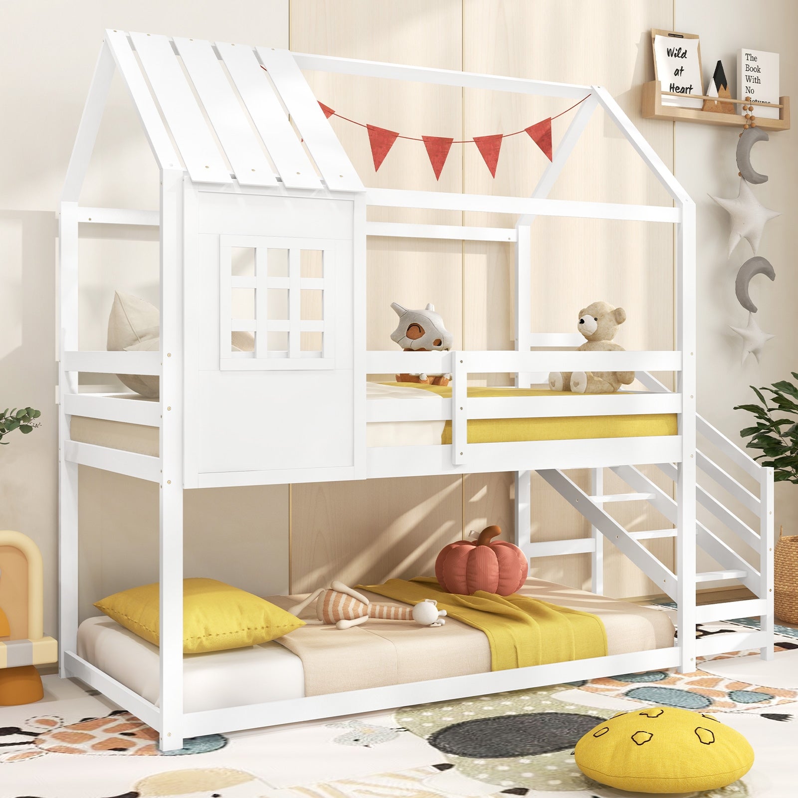 Twin House Bed with Stairs and Roof for Kids, White Trundle Bed Frame   at Gallery Canada