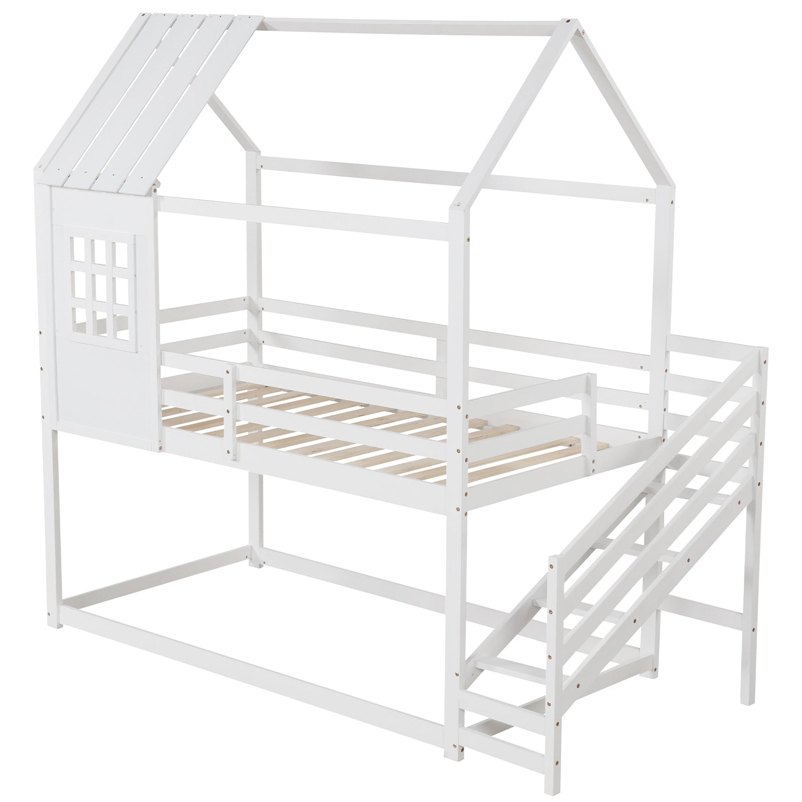 Twin House Bed with Stairs and Roof for Kids, White Trundle Bed Frame White  at Gallery Canada