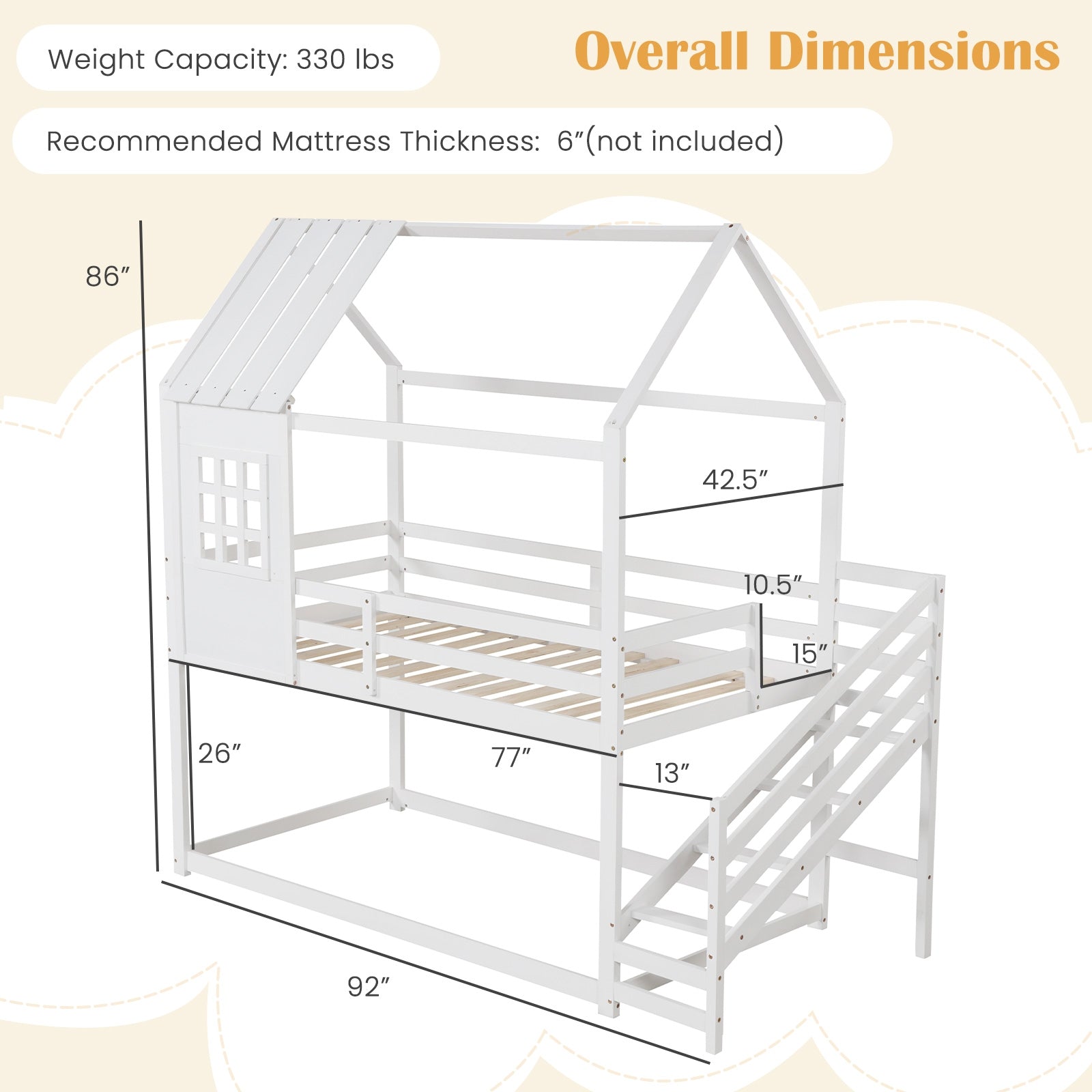 Twin House Bed with Stairs and Roof for Kids, White Trundle Bed Frame   at Gallery Canada