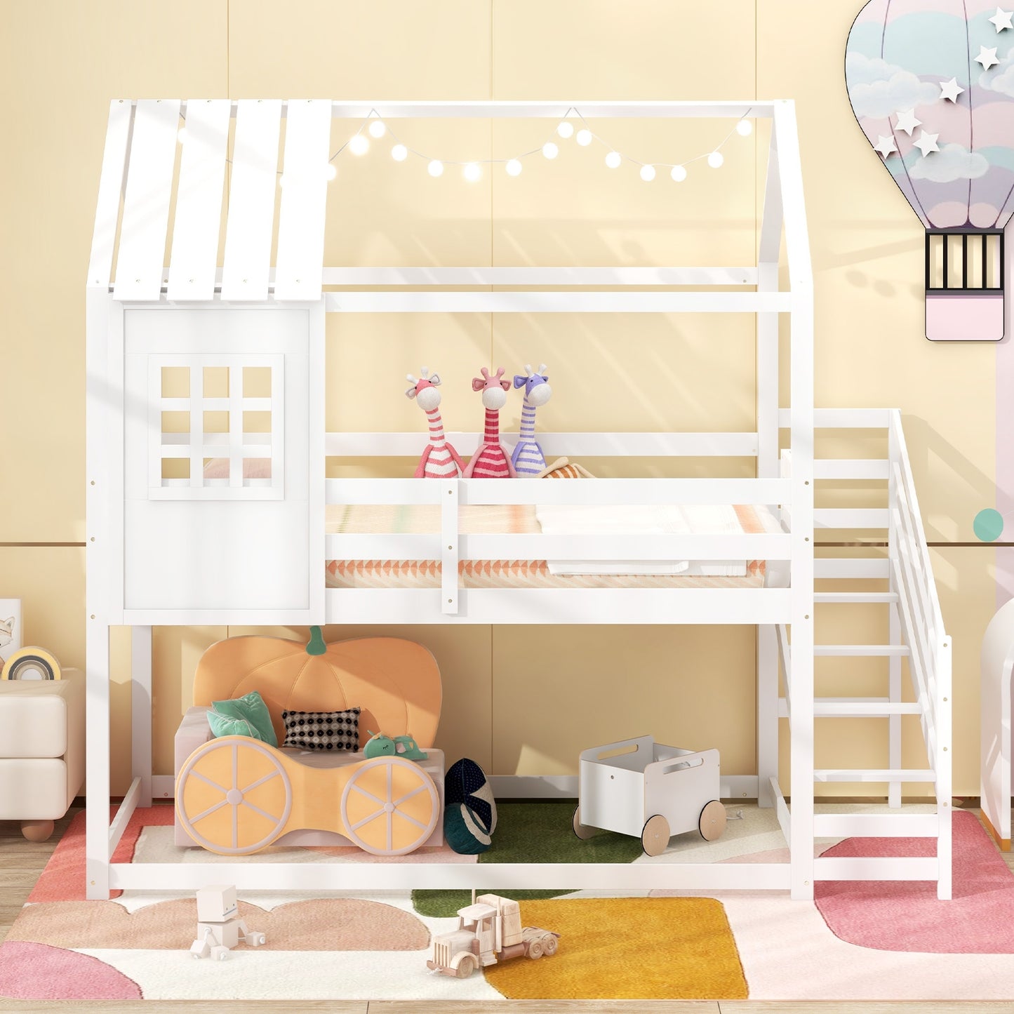 Twin House Bed with Stairs and Roof for Kids, White Trundle Bed Frame   at Gallery Canada