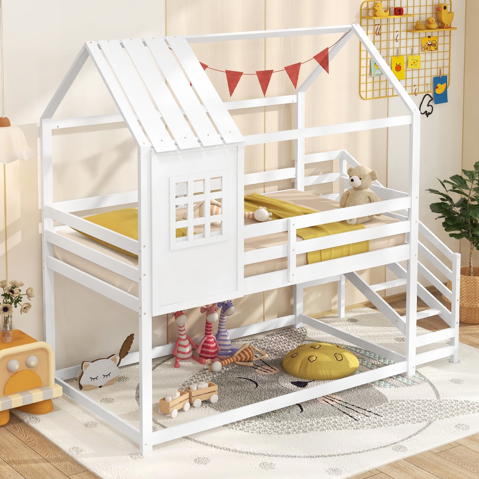 Twin House Bed with Stairs and Roof for Kids, White Trundle Bed Frame   at Gallery Canada