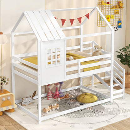 Twin House Bed with Stairs and Roof for Kids, White Trundle Bed Frame   at Gallery Canada