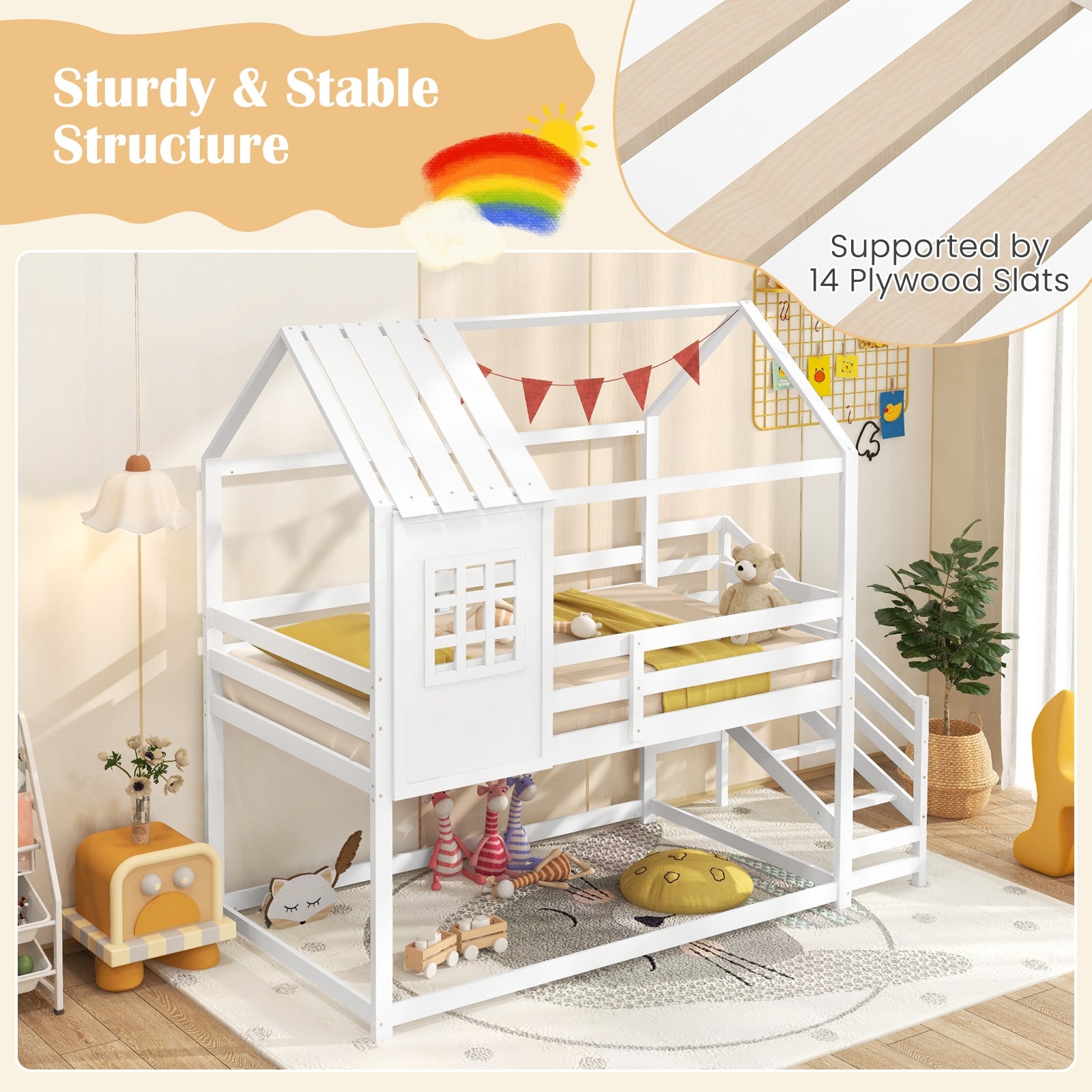 Twin House Bed with Stairs and Roof for Kids, White Trundle Bed Frame   at Gallery Canada