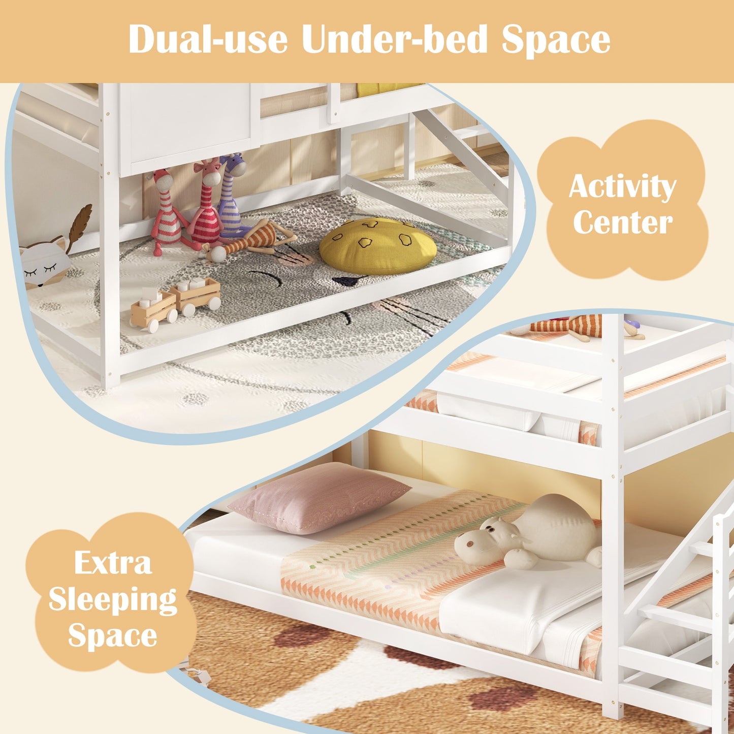 Twin House Bed with Stairs and Roof for Kids, White Trundle Bed Frame   at Gallery Canada