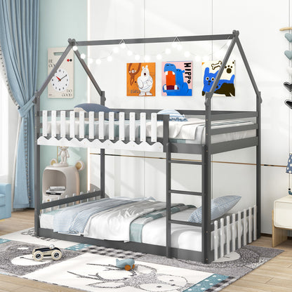 Twin Over Twin Bunk Bed with Fence and Ladder for Kids, Gray Bunk Bed Frame   at Gallery Canada