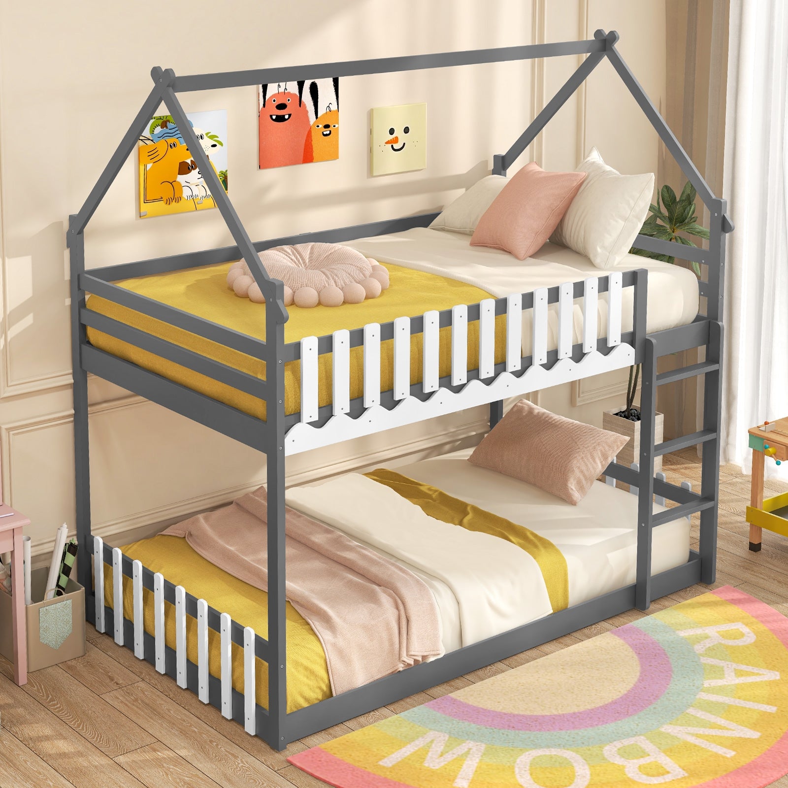 Twin Over Twin Bunk Bed with Fence and Ladder for Kids, Gray Bunk Bed Frame   at Gallery Canada