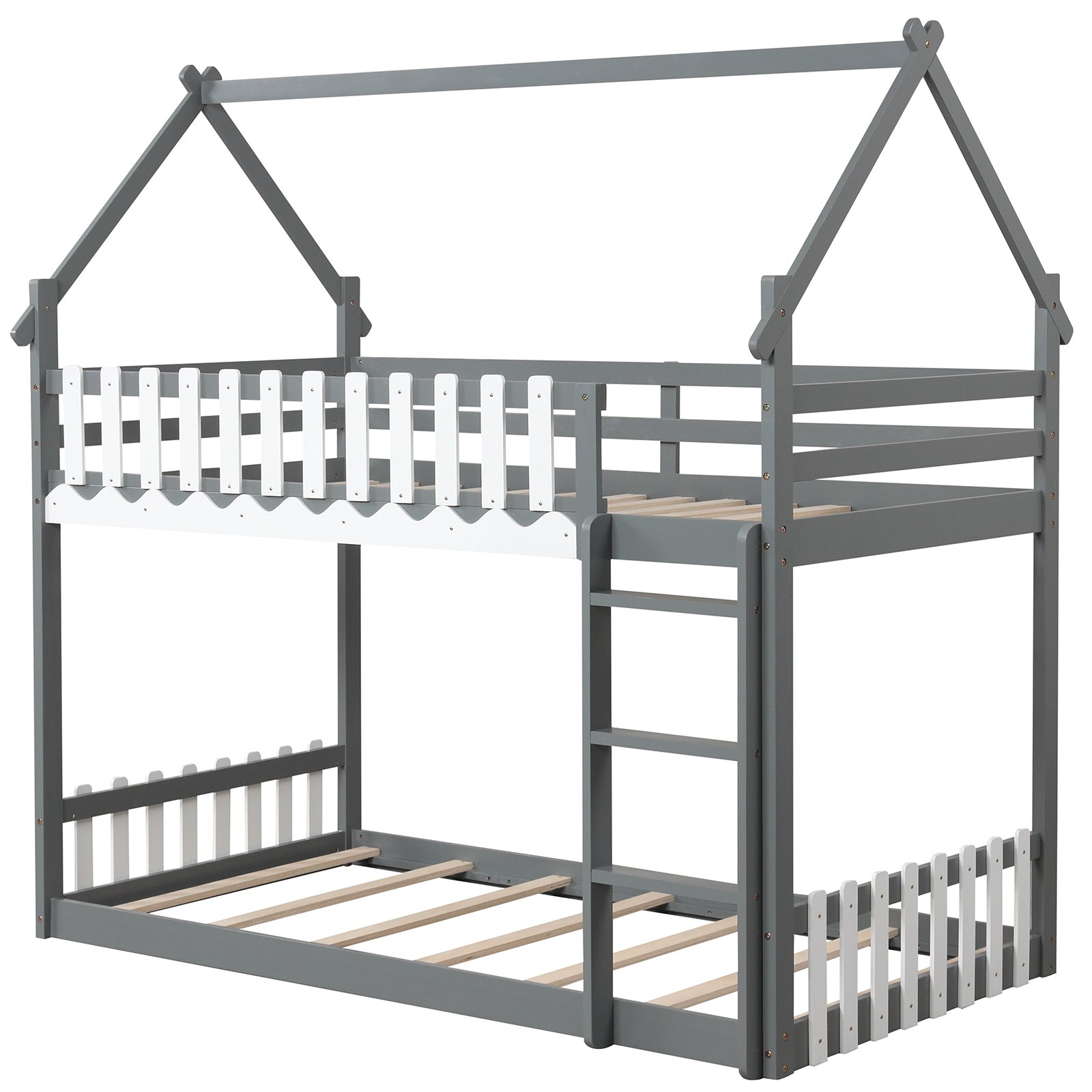 Twin Over Twin Bunk Bed with Fence and Ladder for Kids, Gray Bunk Bed Frame Gray  at Gallery Canada