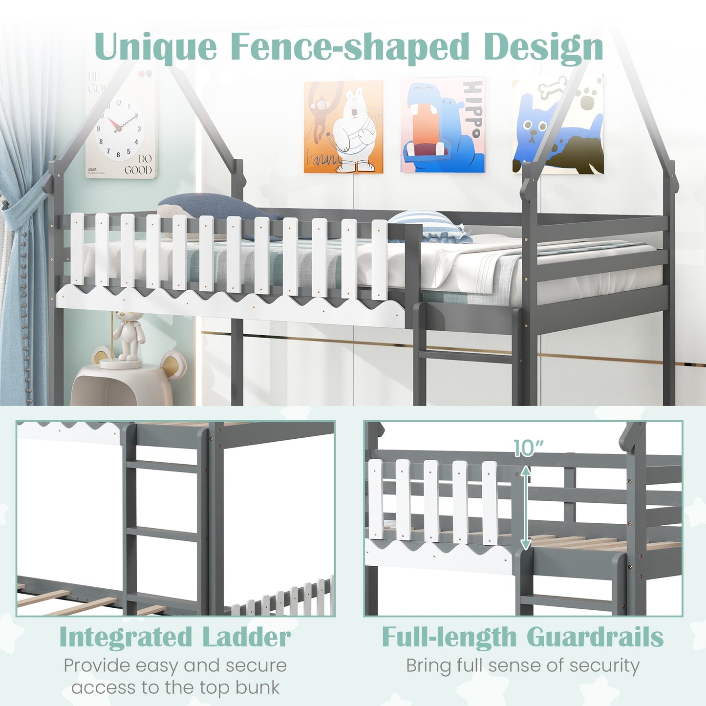 Twin Over Twin Bunk Bed with Fence and Ladder for Kids, Gray Bunk Bed Frame   at Gallery Canada