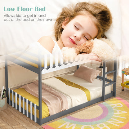 Twin Over Twin Bunk Bed with Fence and Ladder for Kids, Gray Bunk Bed Frame   at Gallery Canada