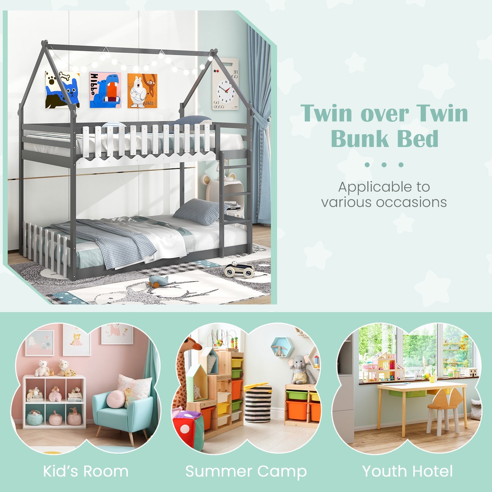 Twin Over Twin Bunk Bed with Fence and Ladder for Kids, Gray Bunk Bed Frame   at Gallery Canada