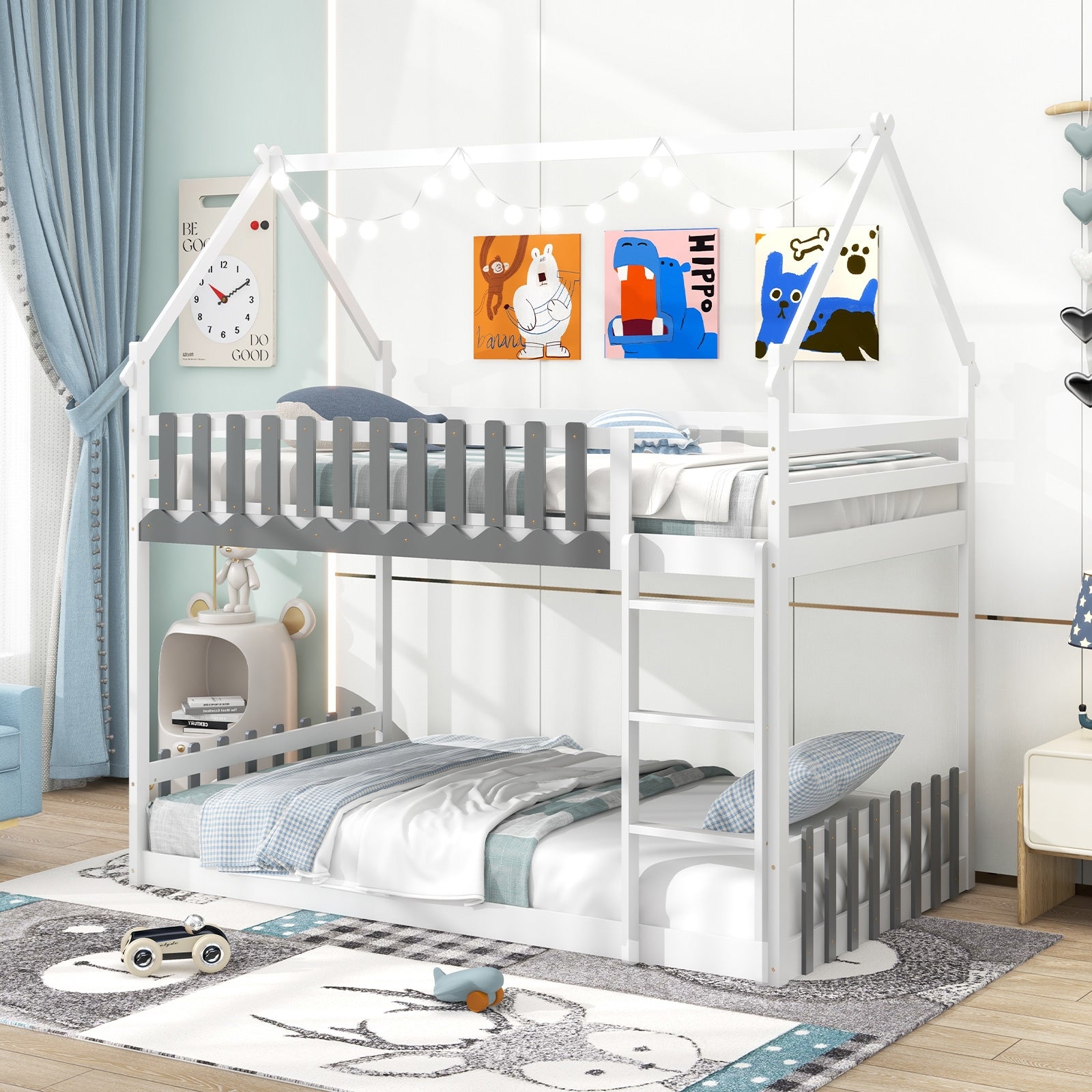 Twin Over Twin Bunk Bed with Fence and Ladder for Kids, White Bunk Bed Frame   at Gallery Canada