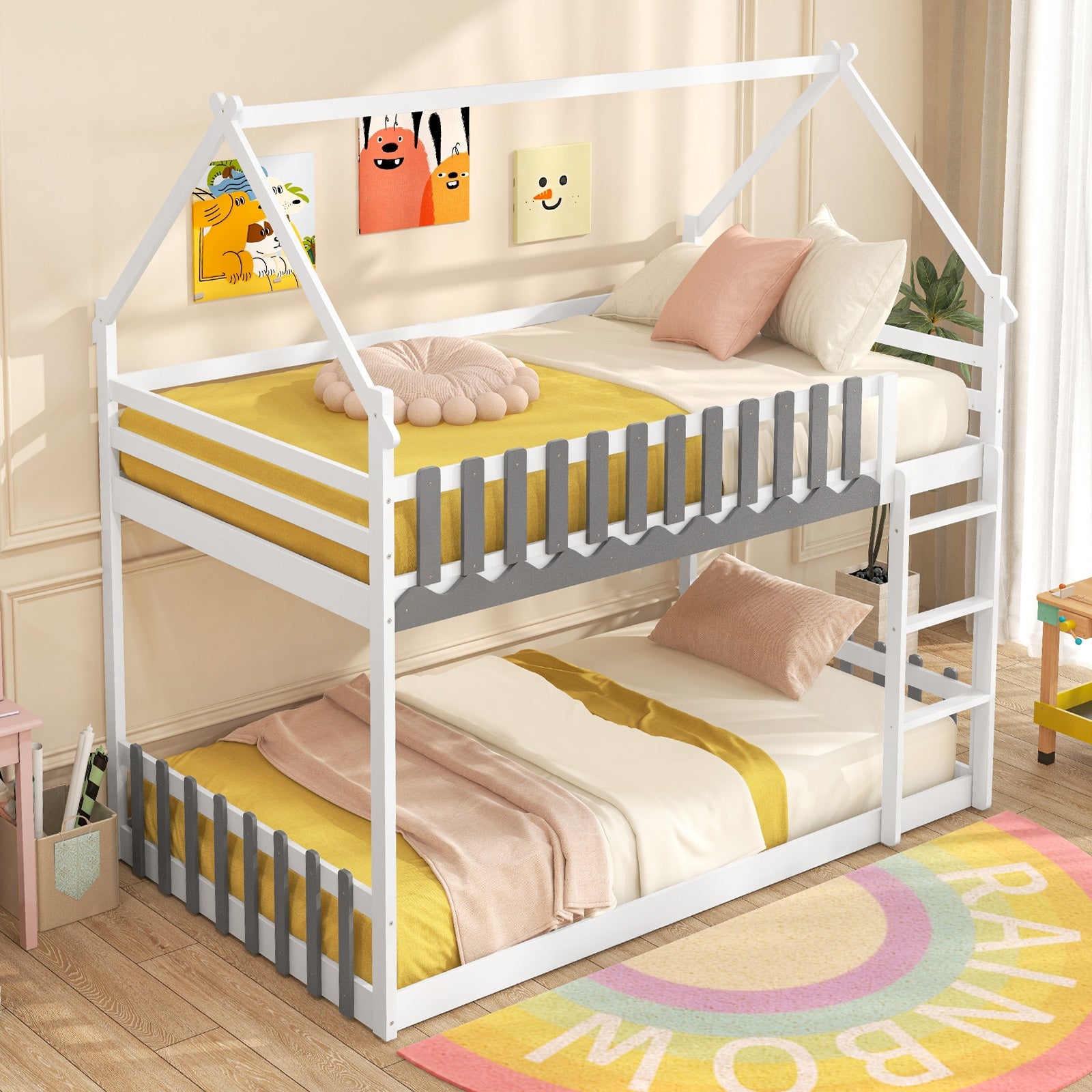 Twin Over Twin Bunk Bed with Fence and Ladder for Kids, White Bunk Bed Frame   at Gallery Canada