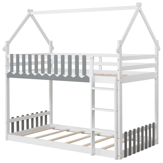 Twin Over Twin Bunk Bed with Fence and Ladder for Kids, White Bunk Bed Frame White  at Gallery Canada