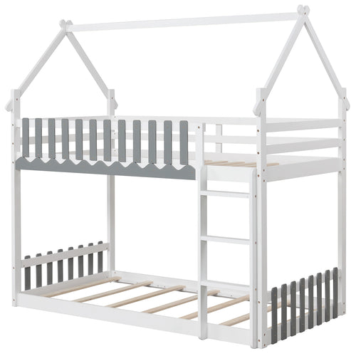 Twin Over Twin Bunk Bed with Fence and Ladder for Kids, White