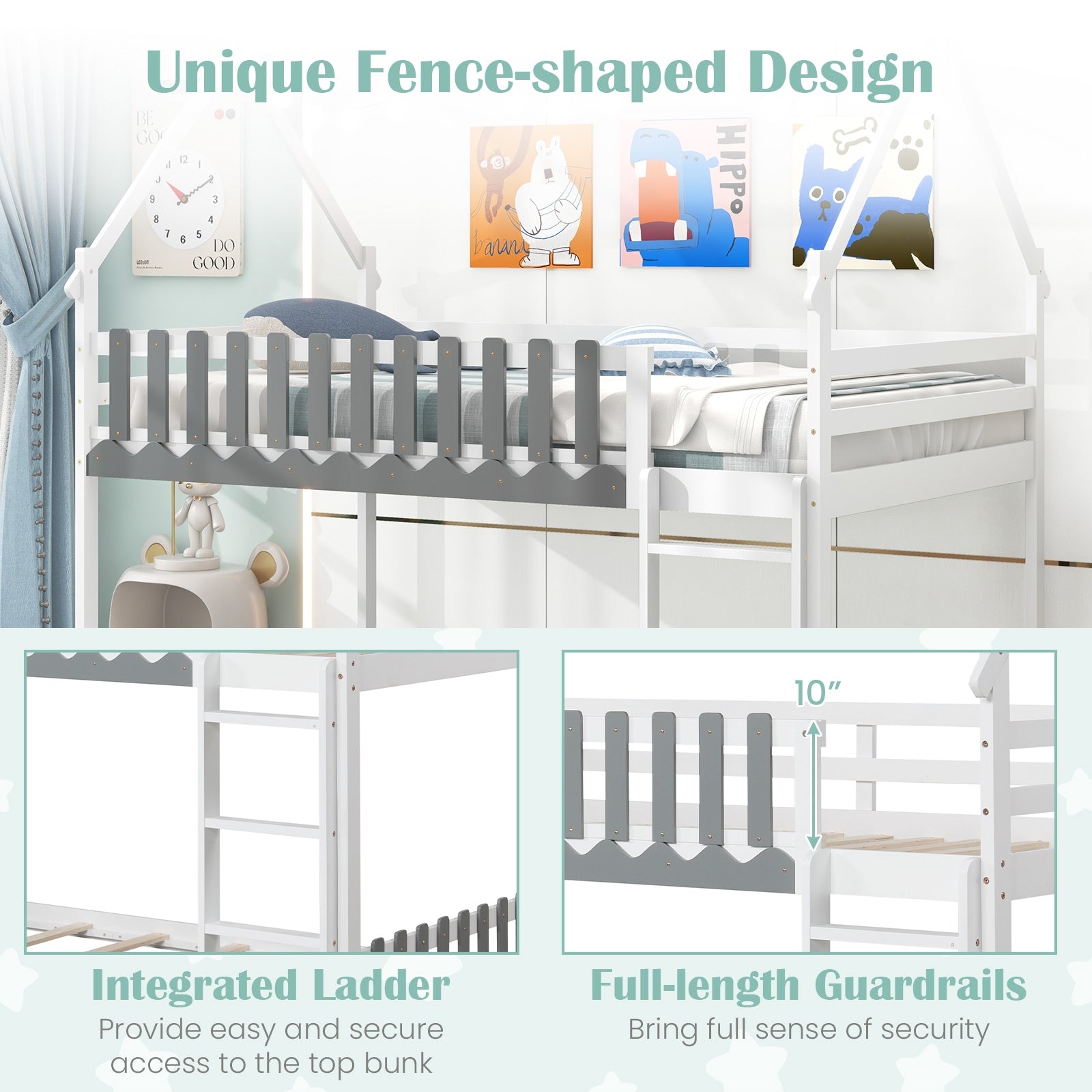 Twin Over Twin Bunk Bed with Fence and Ladder for Kids, White Bunk Bed Frame   at Gallery Canada