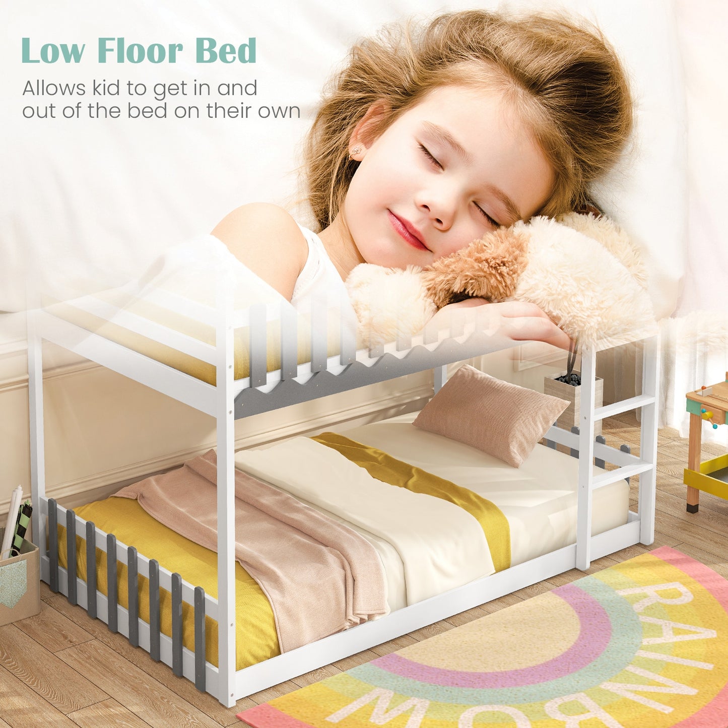 Twin Over Twin Bunk Bed with Fence and Ladder for Kids, White Bunk Bed Frame   at Gallery Canada