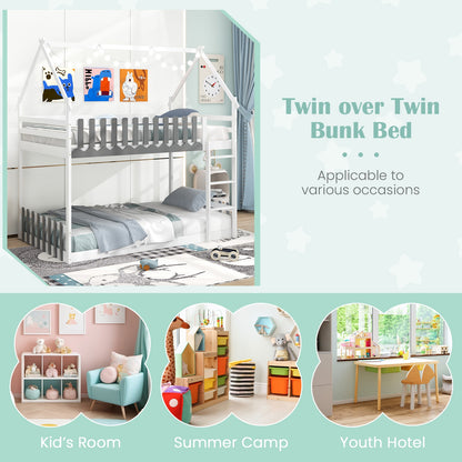 Twin Over Twin Bunk Bed with Fence and Ladder for Kids, White Bunk Bed Frame   at Gallery Canada