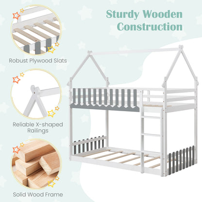 Twin Over Twin Bunk Bed with Fence and Ladder for Kids, White Bunk Bed Frame   at Gallery Canada