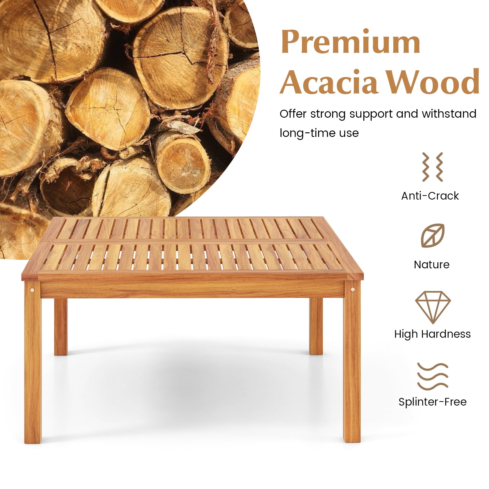 35.5 Inches Patio Solid Acacia Wood Coffee Table Side Table, Natural Patio Coffee Tables   at Gallery Canada