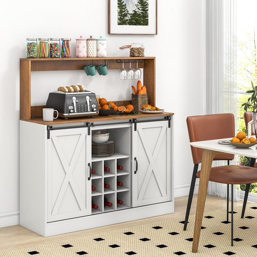 Farmhouse Coffee Bar Cabinet with Charging Station and Sliding Barn Doors, White