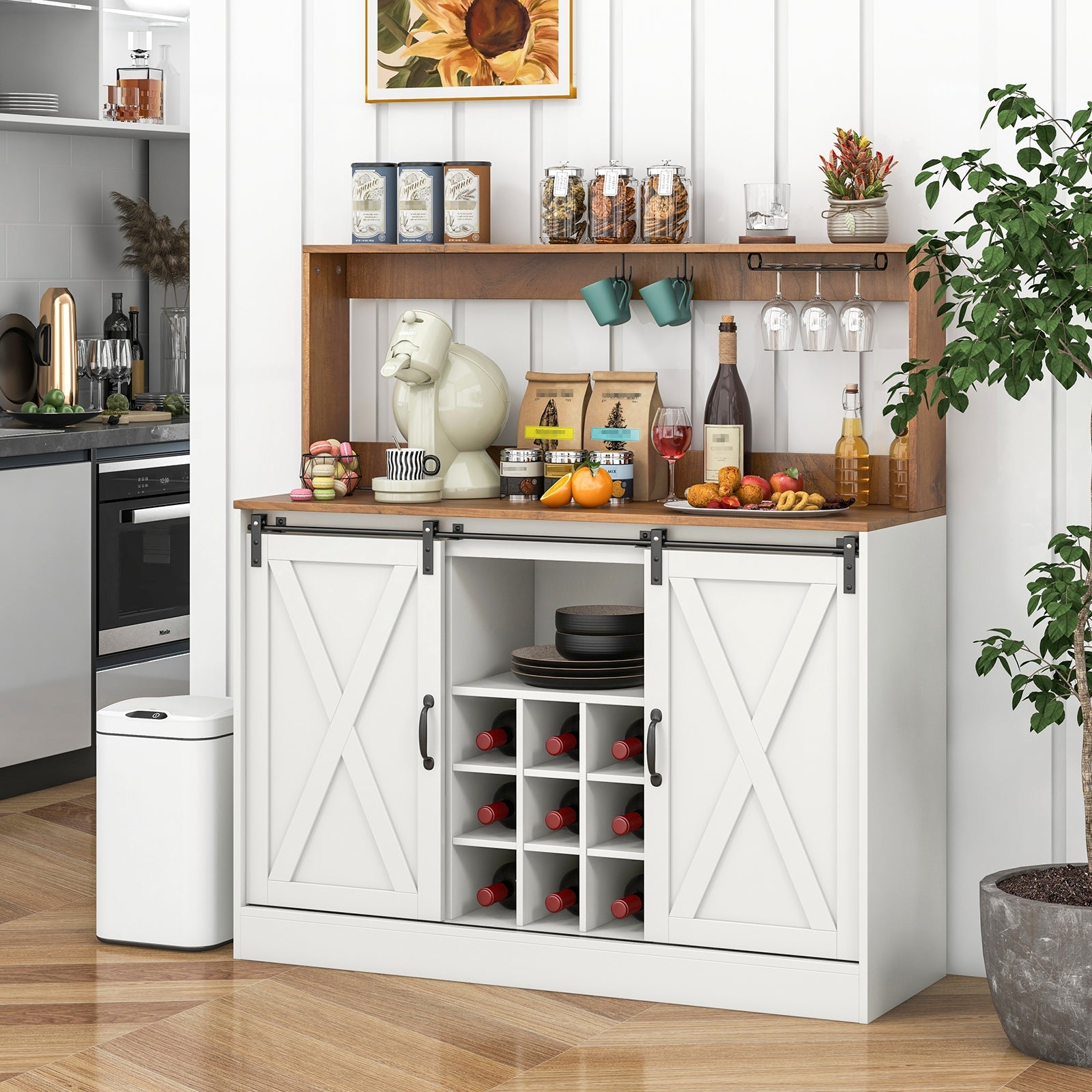 Farmhouse Coffee Bar Cabinet with Charging Station and Sliding Barn Doors, White Sideboards Cabinets & Buffets   at Gallery Canada