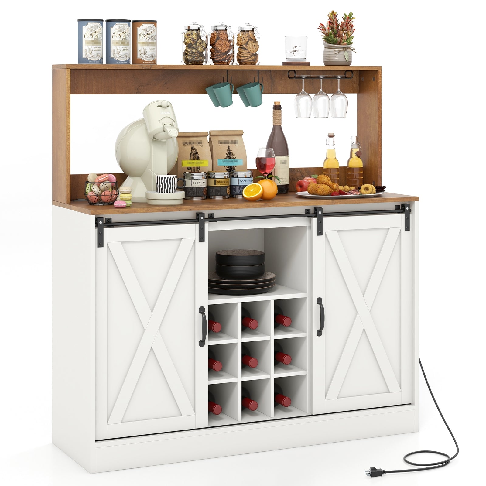 Farmhouse Coffee Bar Cabinet with Charging Station and Sliding Barn Doors, White Sideboards Cabinets & Buffets White  at Gallery Canada