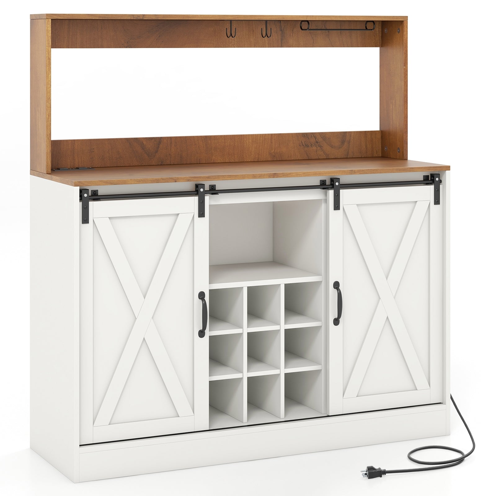 Farmhouse Coffee Bar Cabinet with Charging Station and Sliding Barn Doors, White Sideboards Cabinets & Buffets   at Gallery Canada